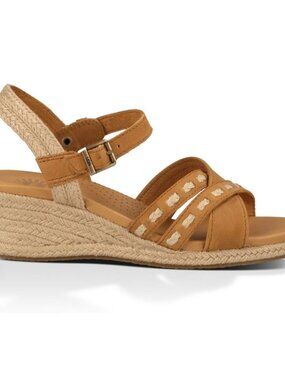 UGG Mairi EspadrilleWomens Tan Leather Wedge Heel Sandals Sz 9.5 Jute